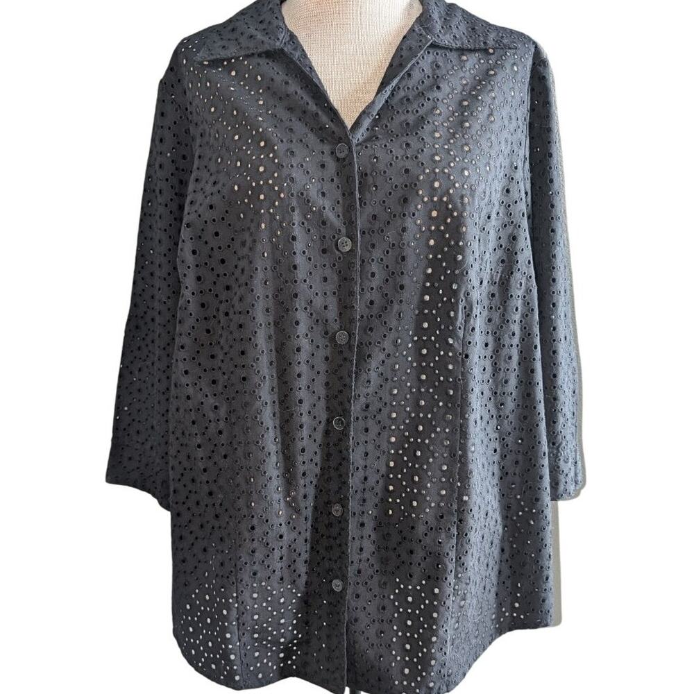 Womens Allison Daley Cotton Blouse 16W Black Blend Embroidered Eyelet Button Up